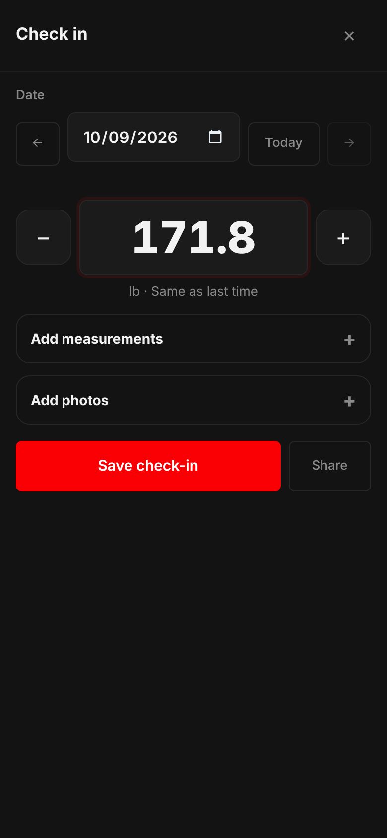 The Body check-in sheet on a phone: a date picker, a weight of 171.8 lb with minus and plus buttons, Add measurements and Add photos, and Save check-in with Share.