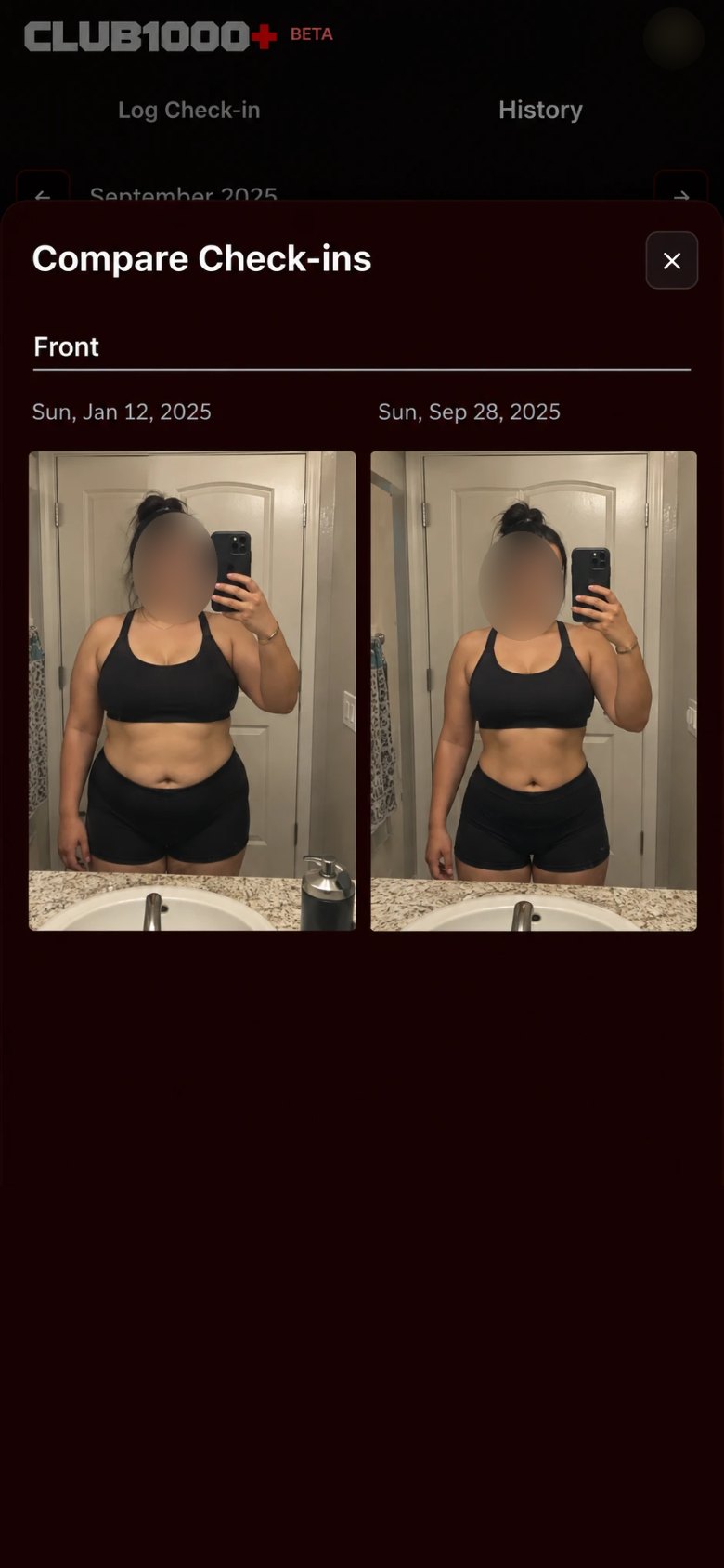 Compare Check-ins in Club 1000 Plus: front progress photos from two dates side by side, faces blurred.