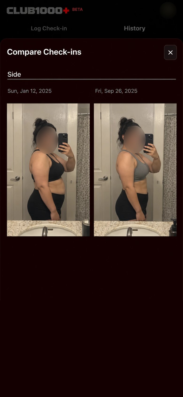 Compare Check-ins switched to Side: progress photos from two dates side by side, faces blurred.
