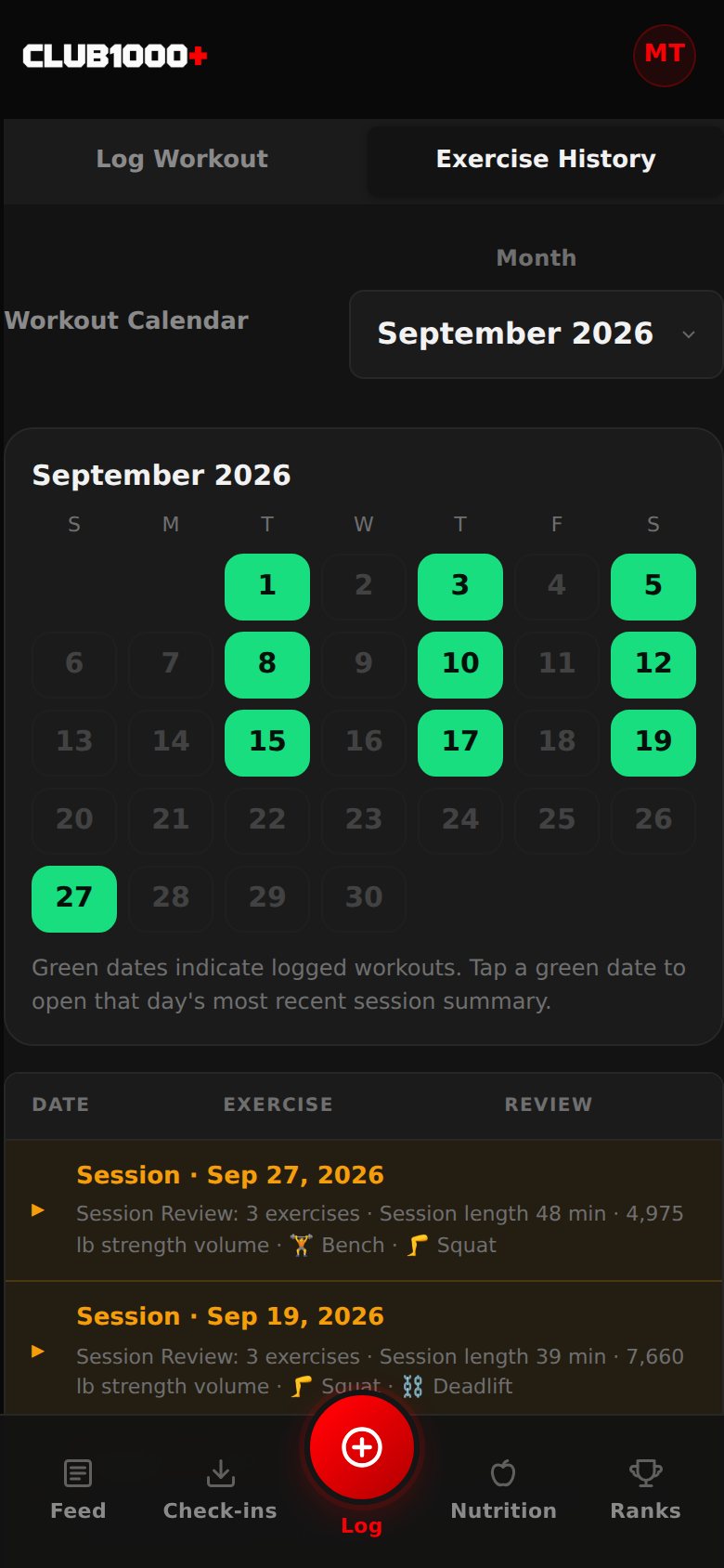 Exercise History on a phone: a September workout calendar with every training day marked, above session summaries with length, strength volume and the lifts done.