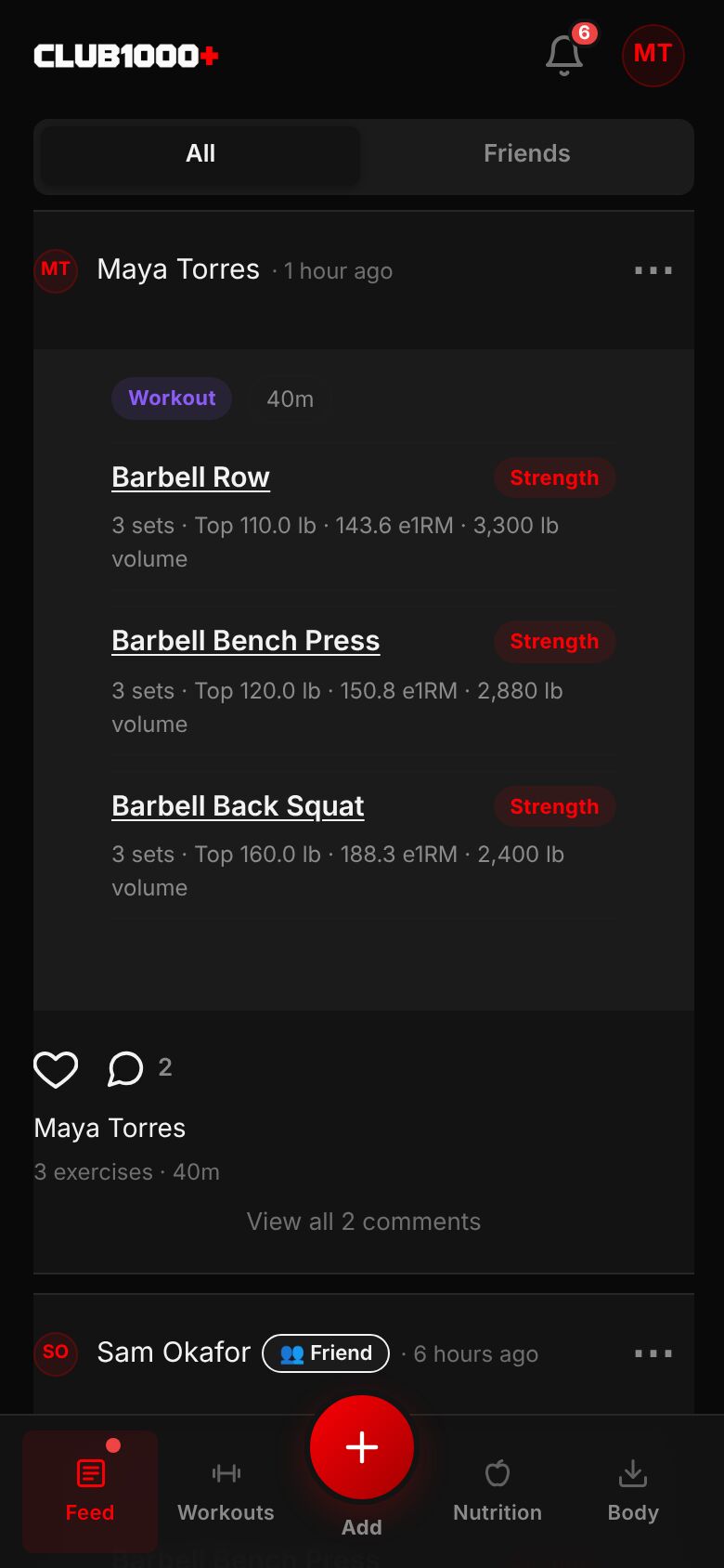 The activity feed on a phone: Maya Torres's shared session with Barbell Row, Bench Press and Back Squat, each with its top set and estimated one-rep max, and like and comment buttons.