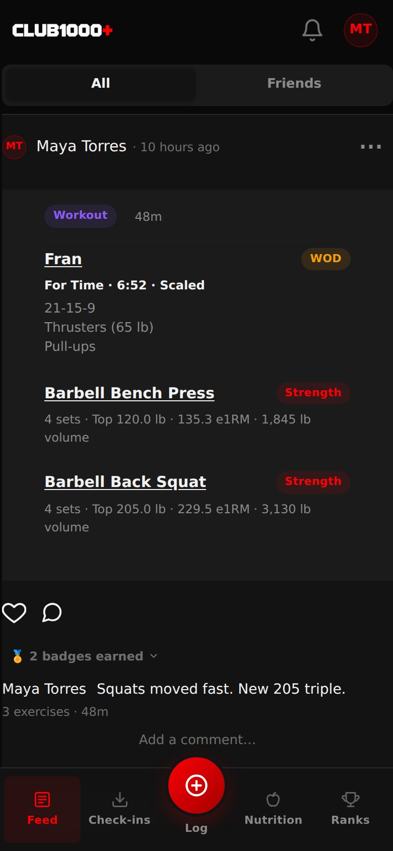 A shared session in the activity feed on a phone: Fran for time in 6:52 scaled, bench press and back squat with top sets and estimated one-rep maxes, and the member's note.
