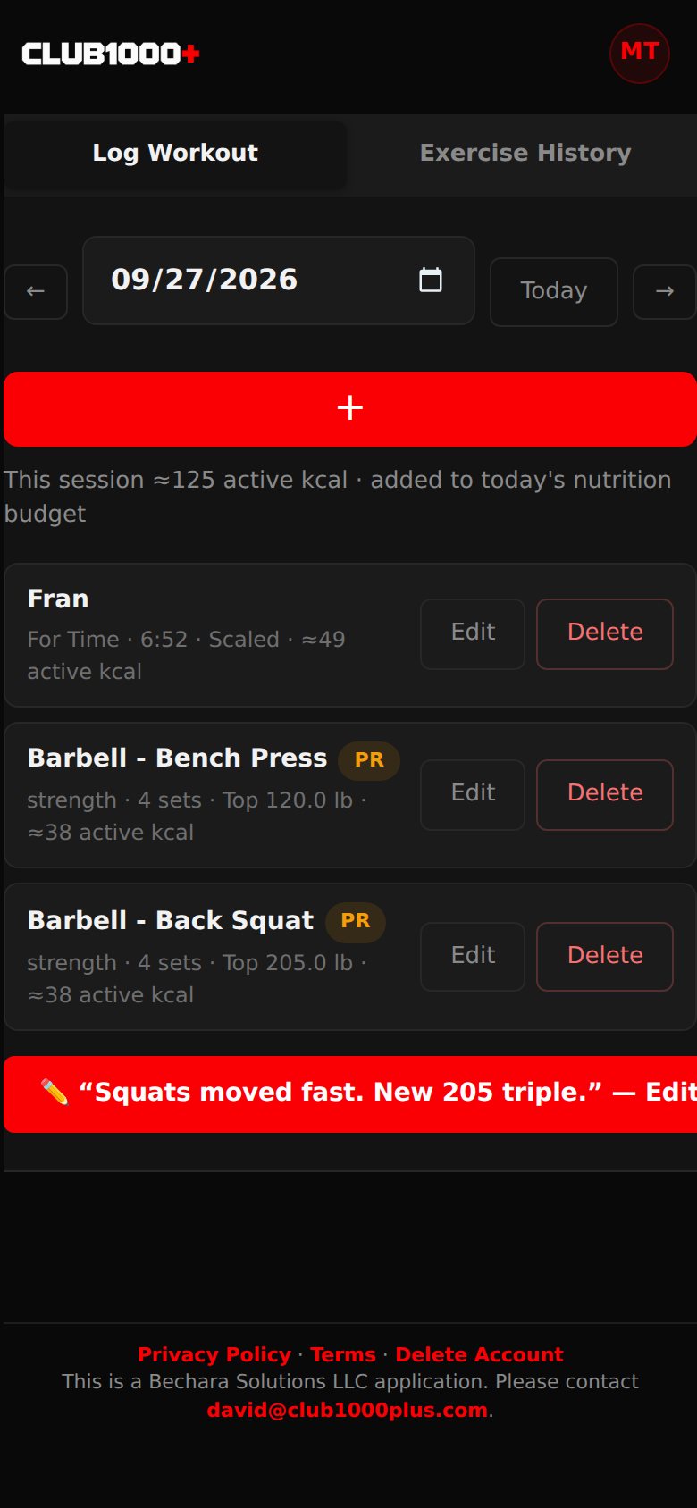 Today's session in the Log on a phone: Fran, bench press and back squat with PR tags, and the session's active calories added to the day's nutrition budget.