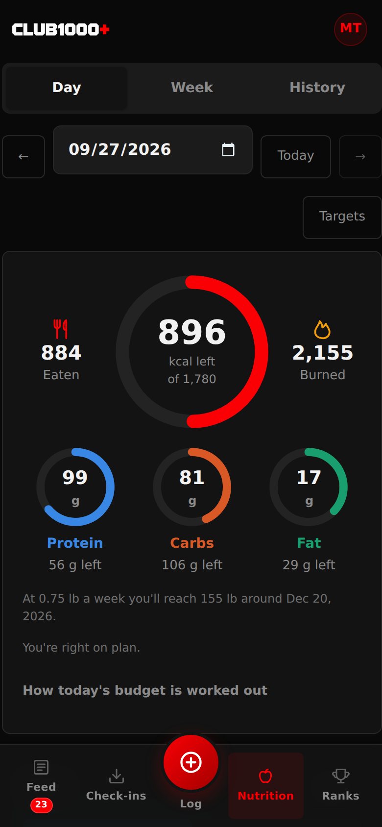 Nutrition day view on a phone: 896 kcal left of a 1,780 kcal target, 884 eaten and 2,155 burned, with protein, carbs and fat rings.