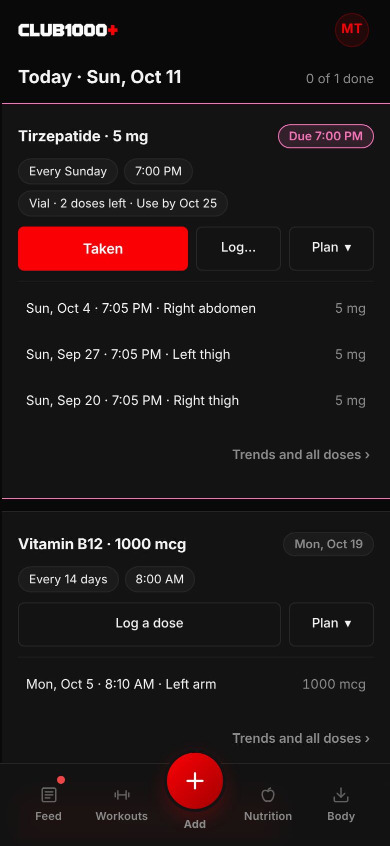 The Peptides Today screen on a phone: a tirzepatide card due at 7:00 PM with its plan, Taken, Log and Plan buttons and its last three doses, then a vitamin B12 card.
