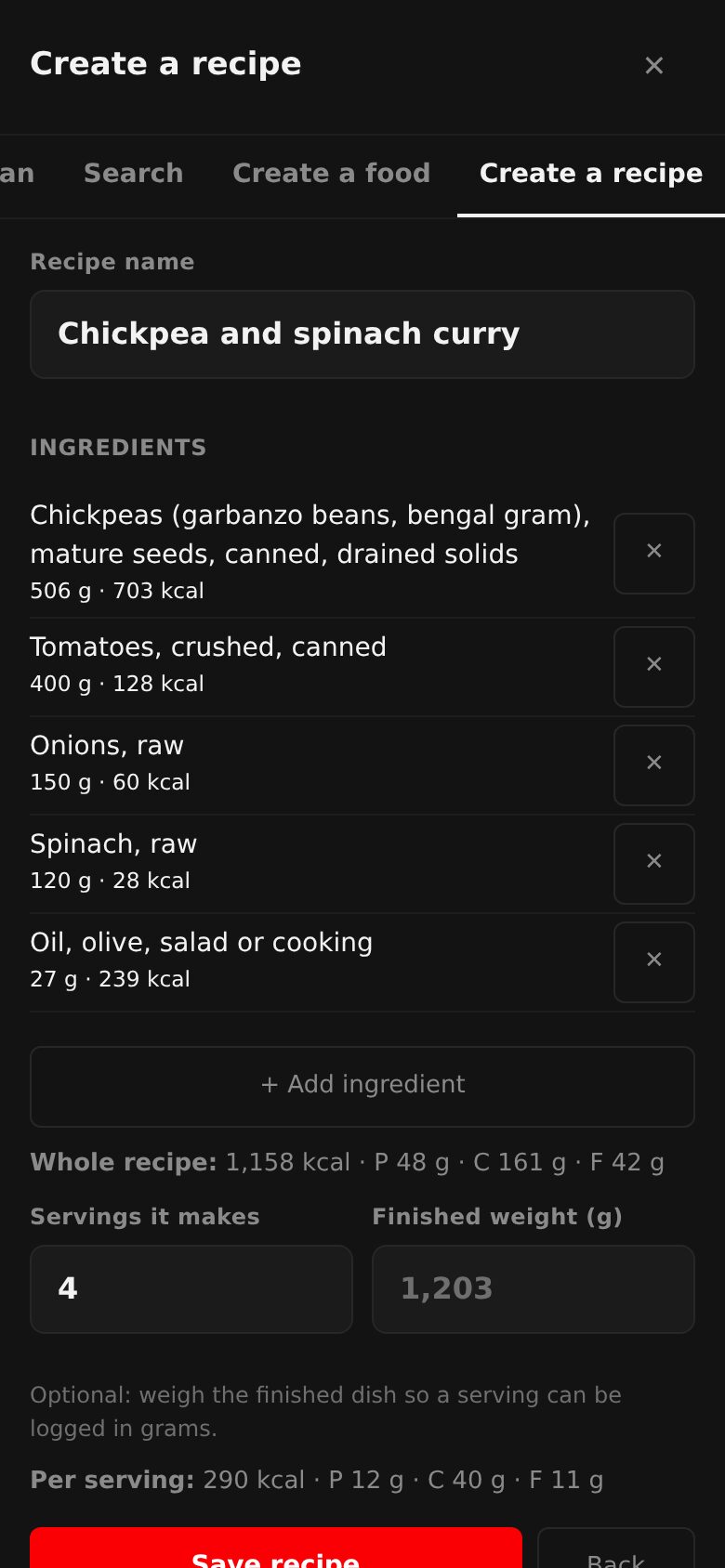 Creating a recipe on a phone: a chickpea and spinach curry with five ingredients and their calories, the whole recipe at 1,158 kcal, 4 servings, and 290 kcal per serving.