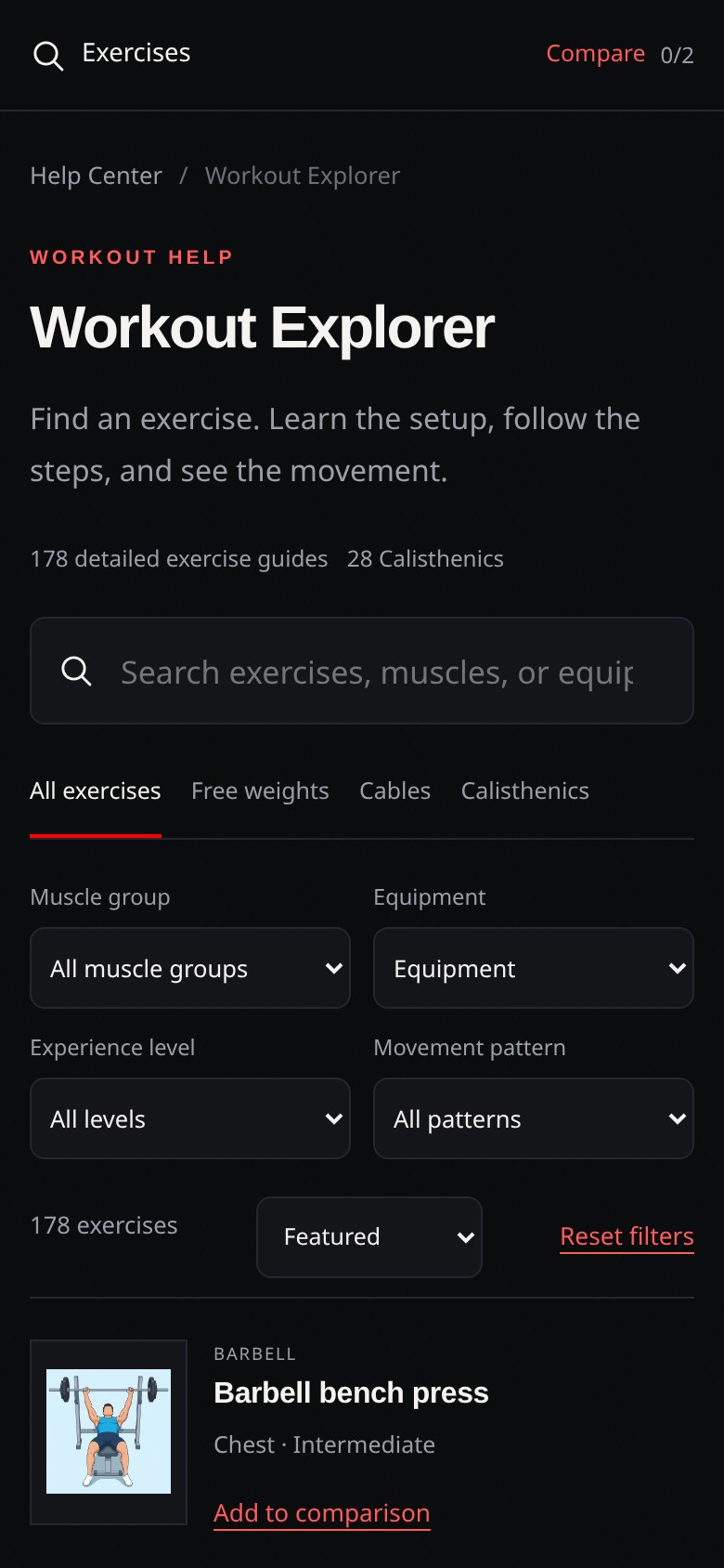 Workout Explorer on a phone, showing searchable exercise guides and equipment filters in the shared library.