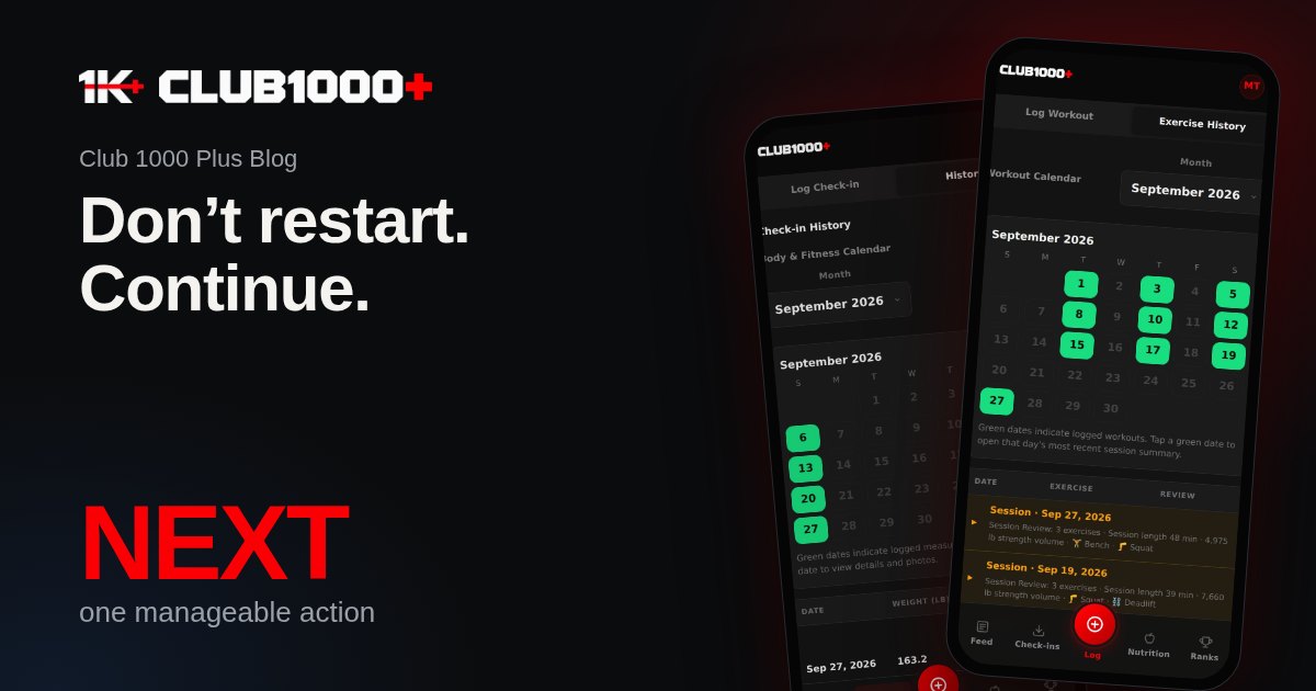 Cover: two phones showing workout history and the check-in calendar beside the words Don’t restart. Continue. and a red NEXT, a reminder to choose the next manageable action.