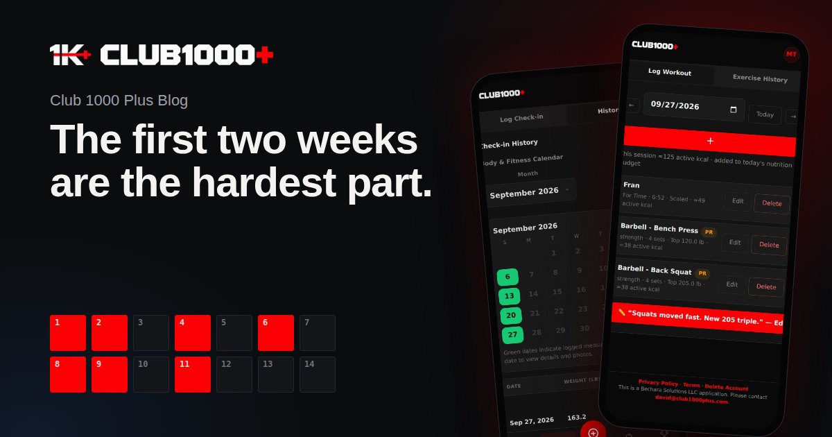 Cover: the headline beside two phones showing the Log and the check-in calendar, over a fourteen-day grid with the logged days filled in red.