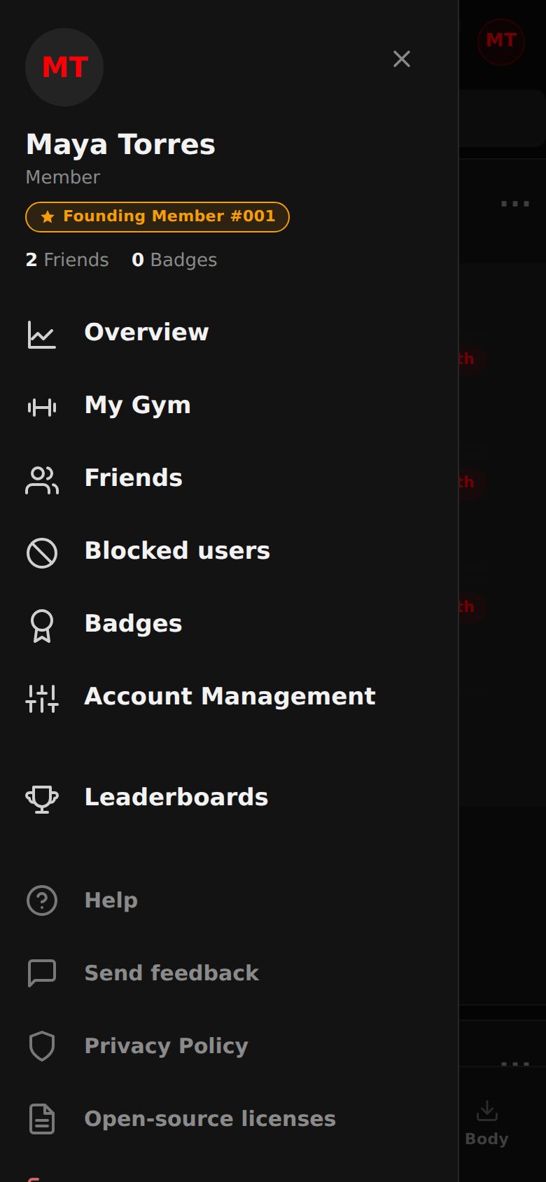 The account menu: Overview, My Gym, Friends, Blocked users, Badges, Account Management, Leaderboards, Help, Send feedback and more.