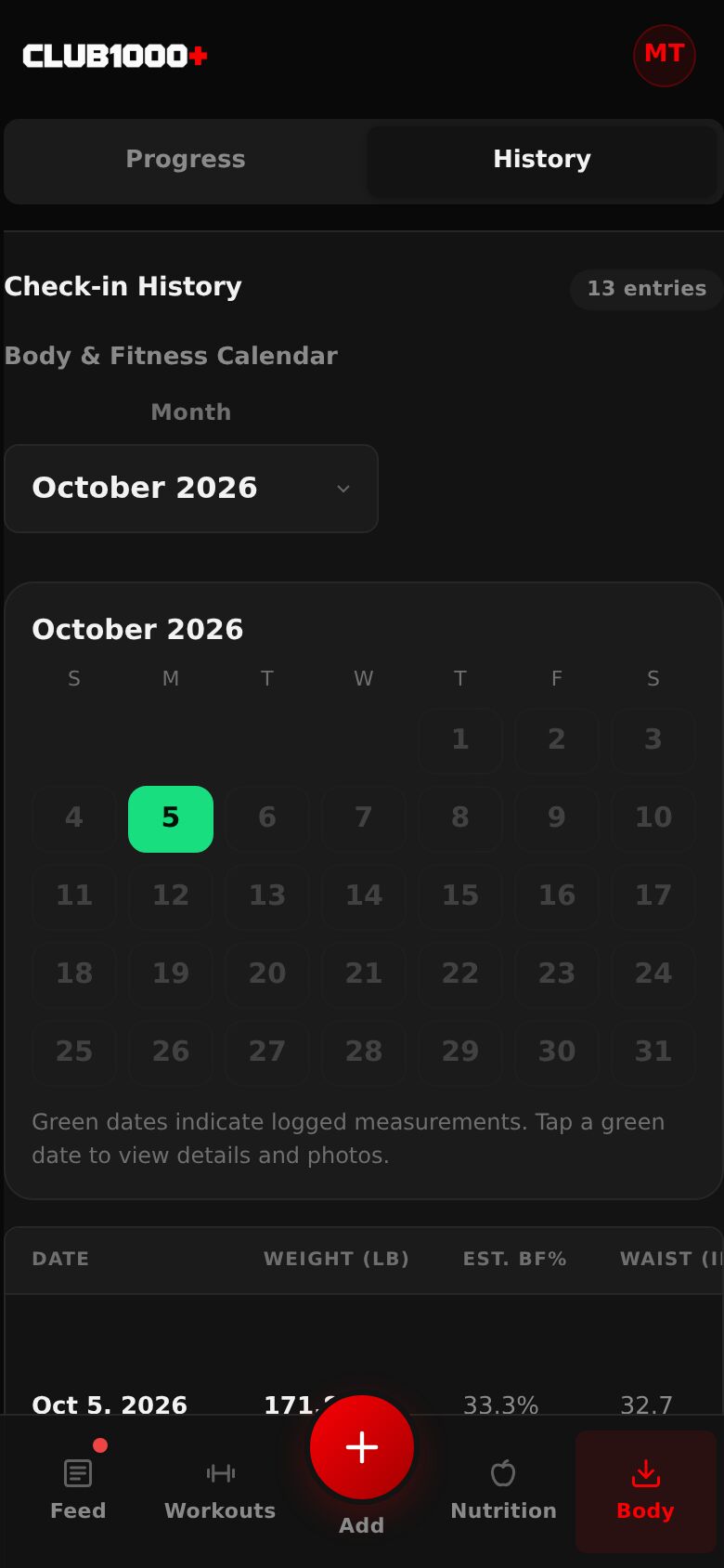The Body History tab: a calendar with check-in days marked, and a table of each check-in.