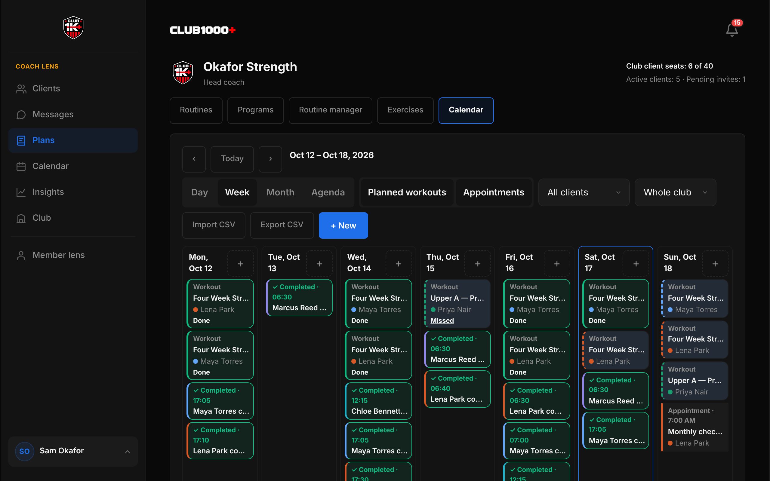The coach Calendar on a computer in week view, with planned workouts in blue and completed sessions in green across the week.