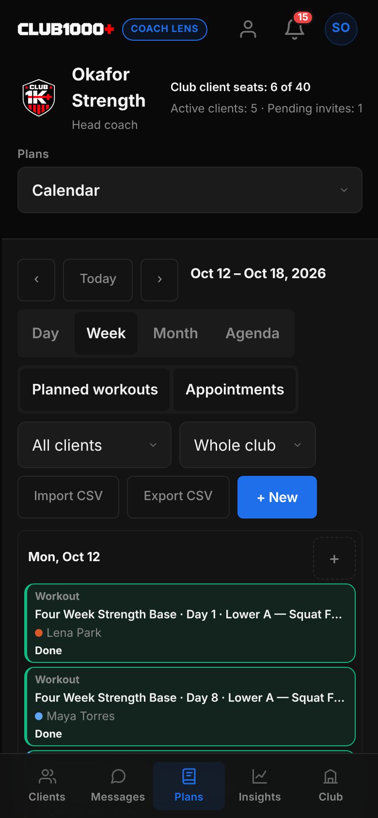 The coach Calendar in week view, October 12 to 18: Day, Week, Month and Agenda buttons, Planned workouts and Appointments layers, an All clients filter and an Import CSV, Export CSV and New button.