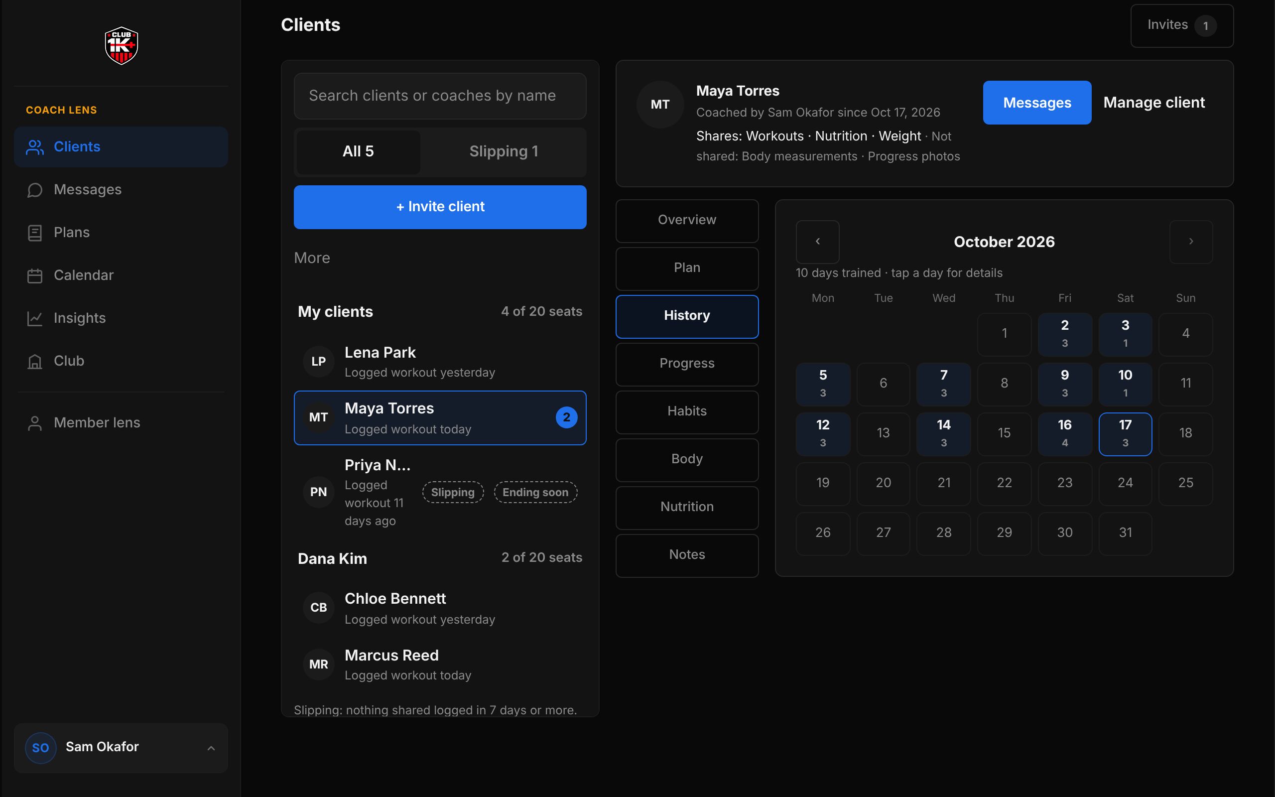 Coach Mode on a computer: the client list on the left and Maya Torres’s History month calendar on the right with the section list beside it.