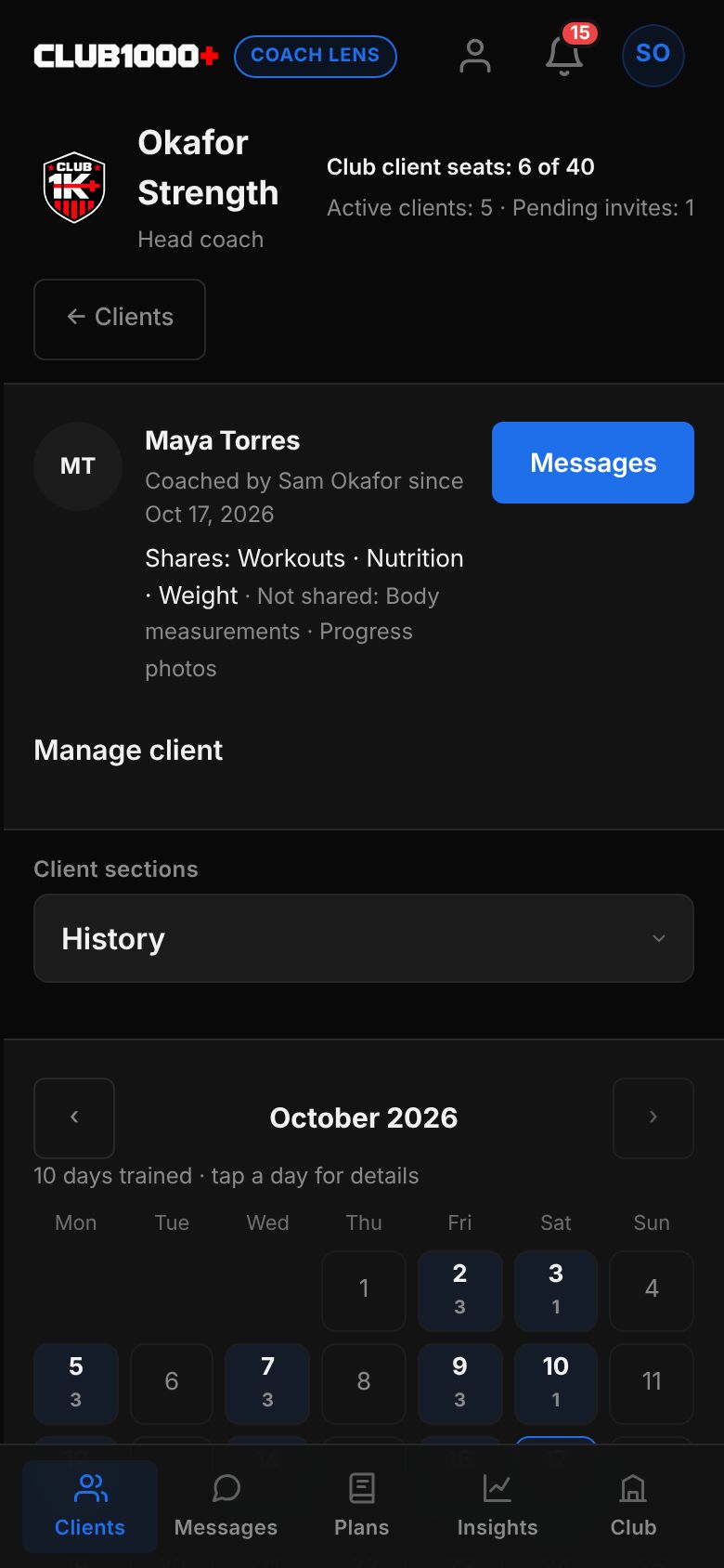 The History section as a month calendar for October 2026, with days the client trained highlighted and showing a count, Monday first.