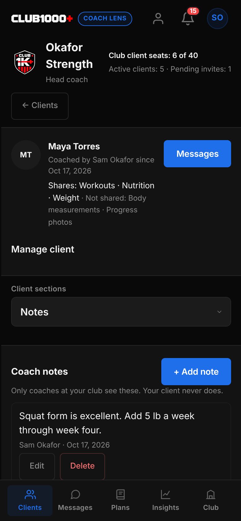 The Notes section: Coach notes, an Add note button, and a pinned note about squat form with Edit and Delete buttons.