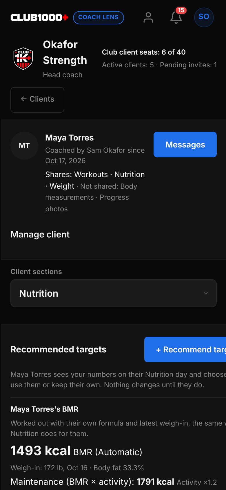 The Nutrition section for Maya Torres: Recommended targets with a Recommend targets button, her BMR with the formula used, weigh-in and maintenance calories.
