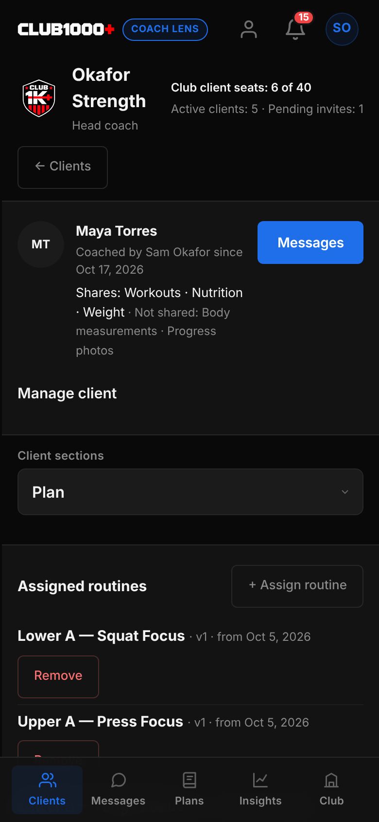The Plan section for Maya Torres: Assigned routines with Lower A Squat Focus and Upper A Press Focus, each with a Remove button, and an Assign routine button.