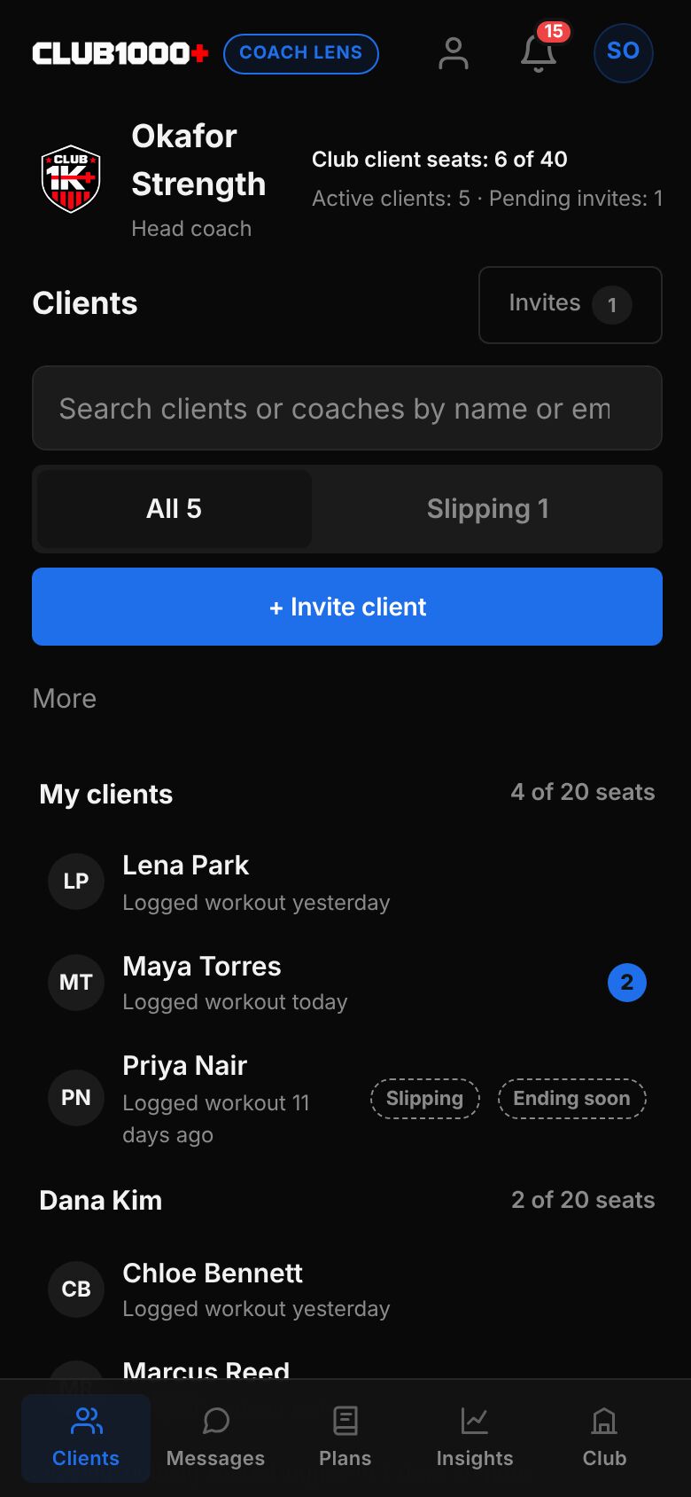 The Clients area for the head coach of Okafor Strength: client seats 6 of 40, All 5 and Slipping 1 filters, an Invite client button, and a list of clients grouped under each coach with seat counts.