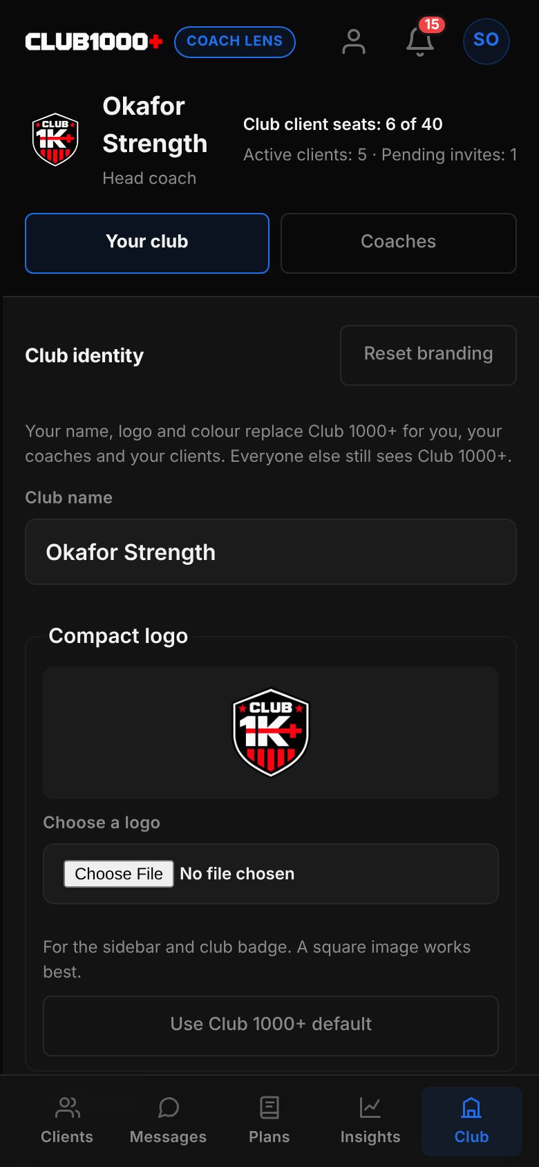 The Club area, Your club tab: Club identity with Reset branding, the club name Okafor Strength, a Compact logo upload showing the club logo, and a Use Club 1000+ default button.