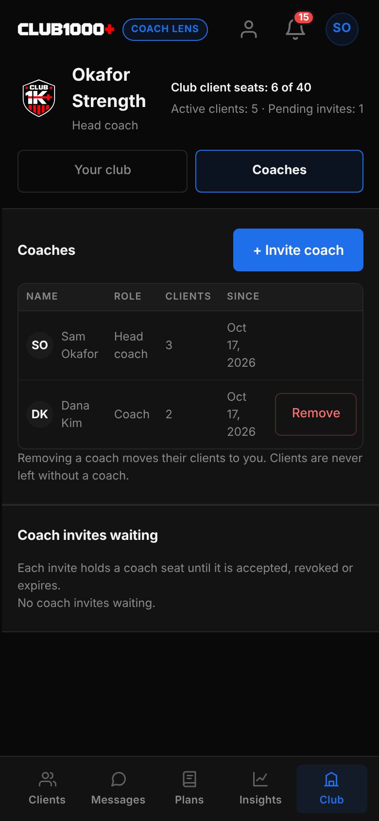 The Club area, Coaches tab: Invite coach button, a table with Sam Okafor as head coach and Dana Kim as coach with their client counts and a Remove button, and a Coach invites waiting note.