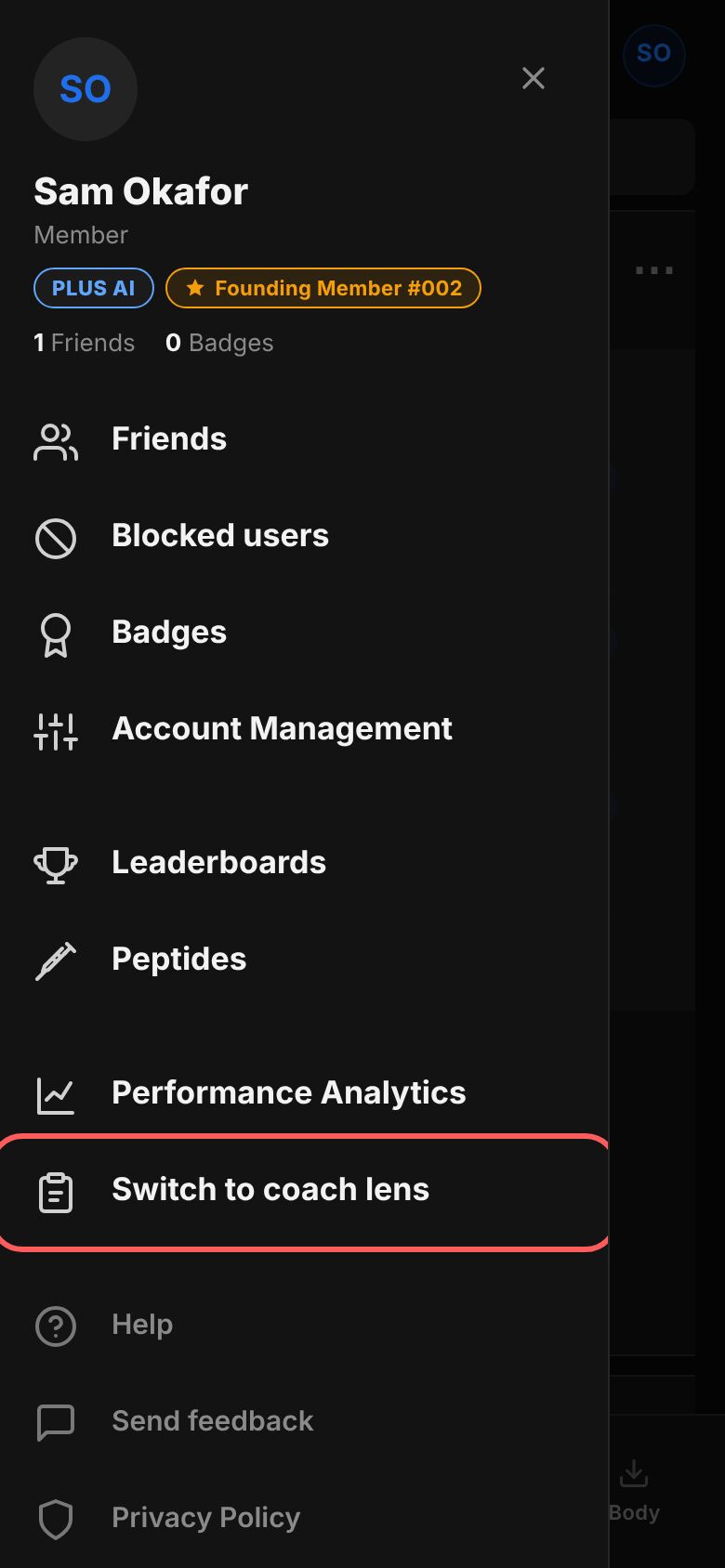 The account menu on a phone with Coach lens ringed in the group of lenses below the line.