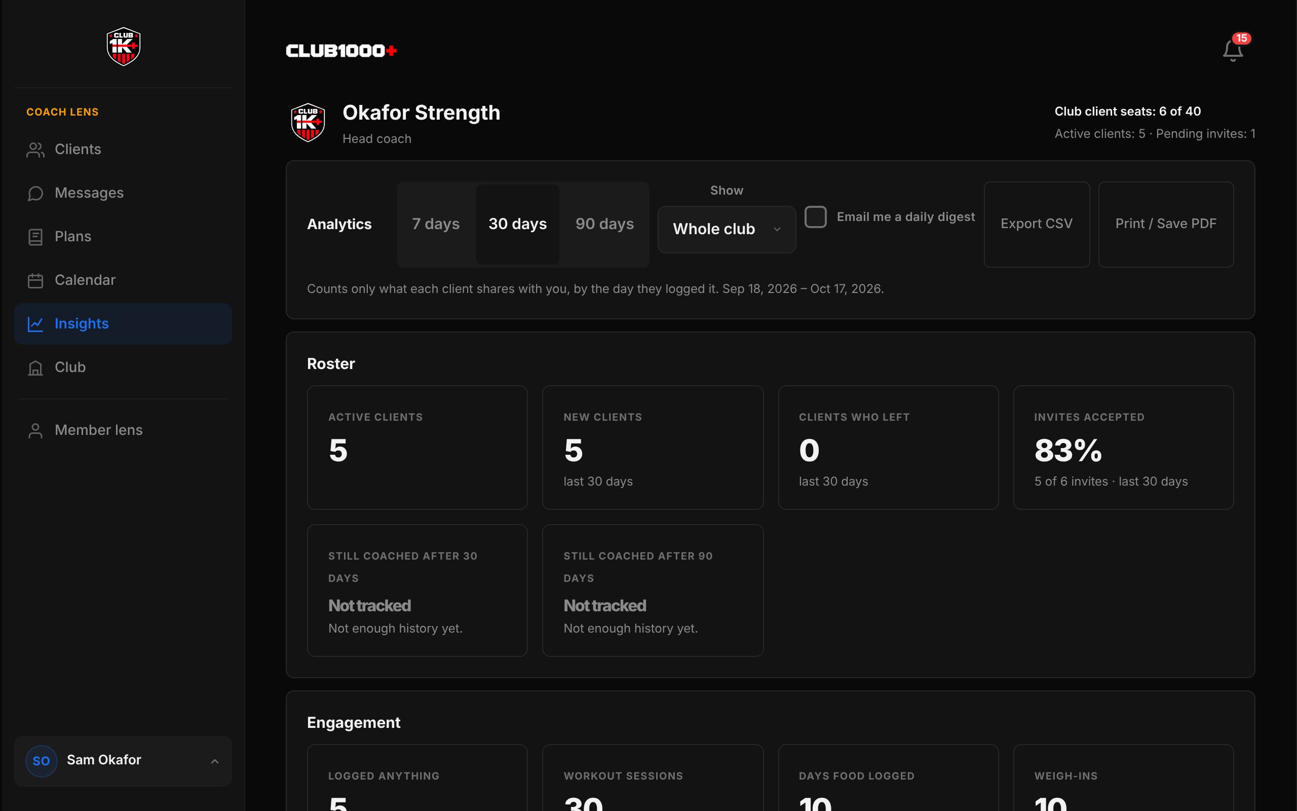 Coach Insights on a computer: the 7, 30 and 90 day buttons, roster tiles for active clients and new clients, and the lists of latest logs and most active clients beside the sidebar.