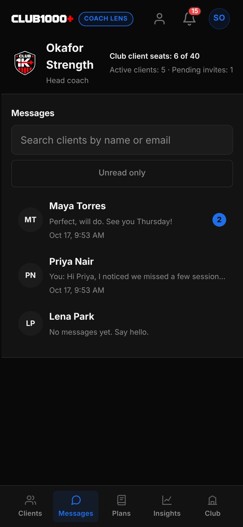 The Messages inbox listing Maya Torres, Priya Nair and Lena Park with the latest line of each conversation and an Unread only button.