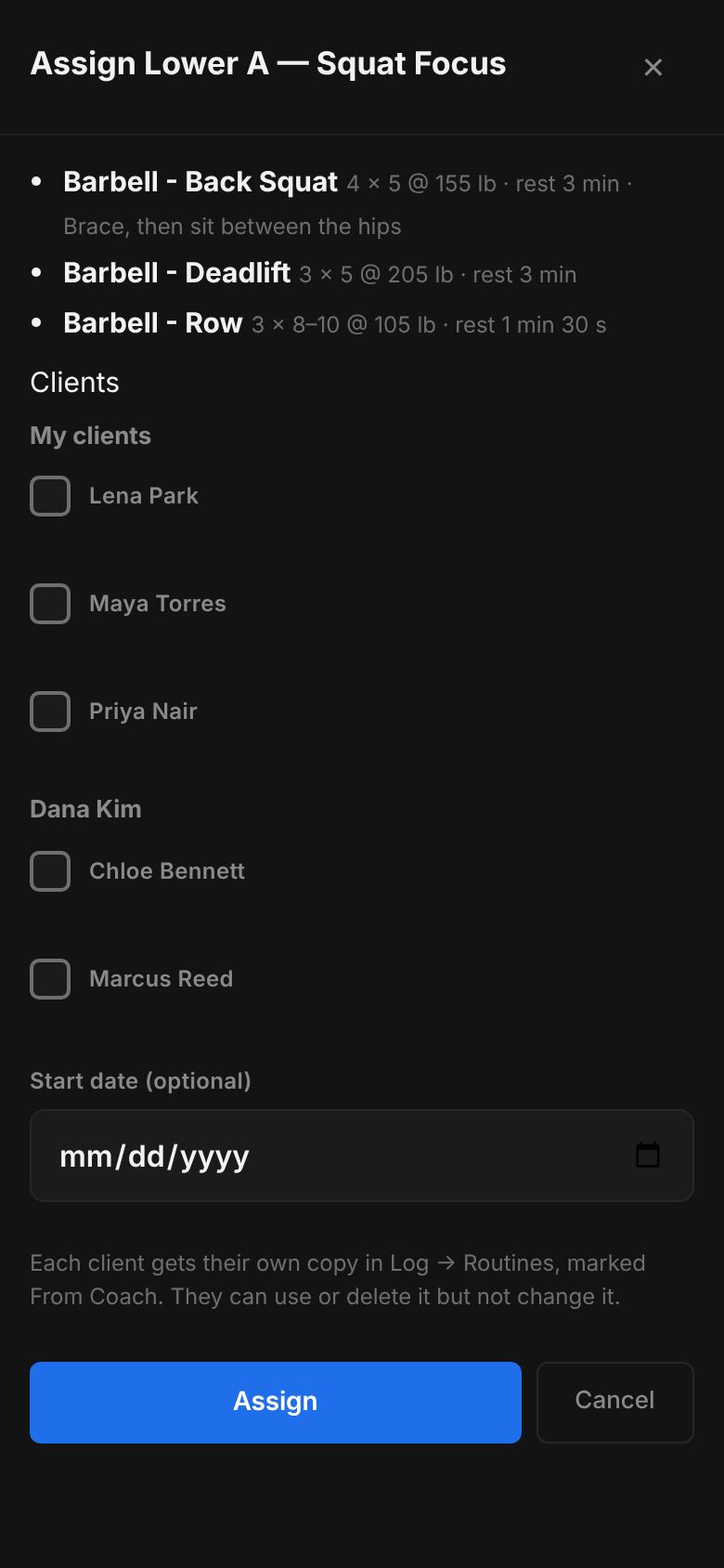 The Assign sheet for a routine listing My clients and Dana Kim’s clients with tick boxes, and a start date.