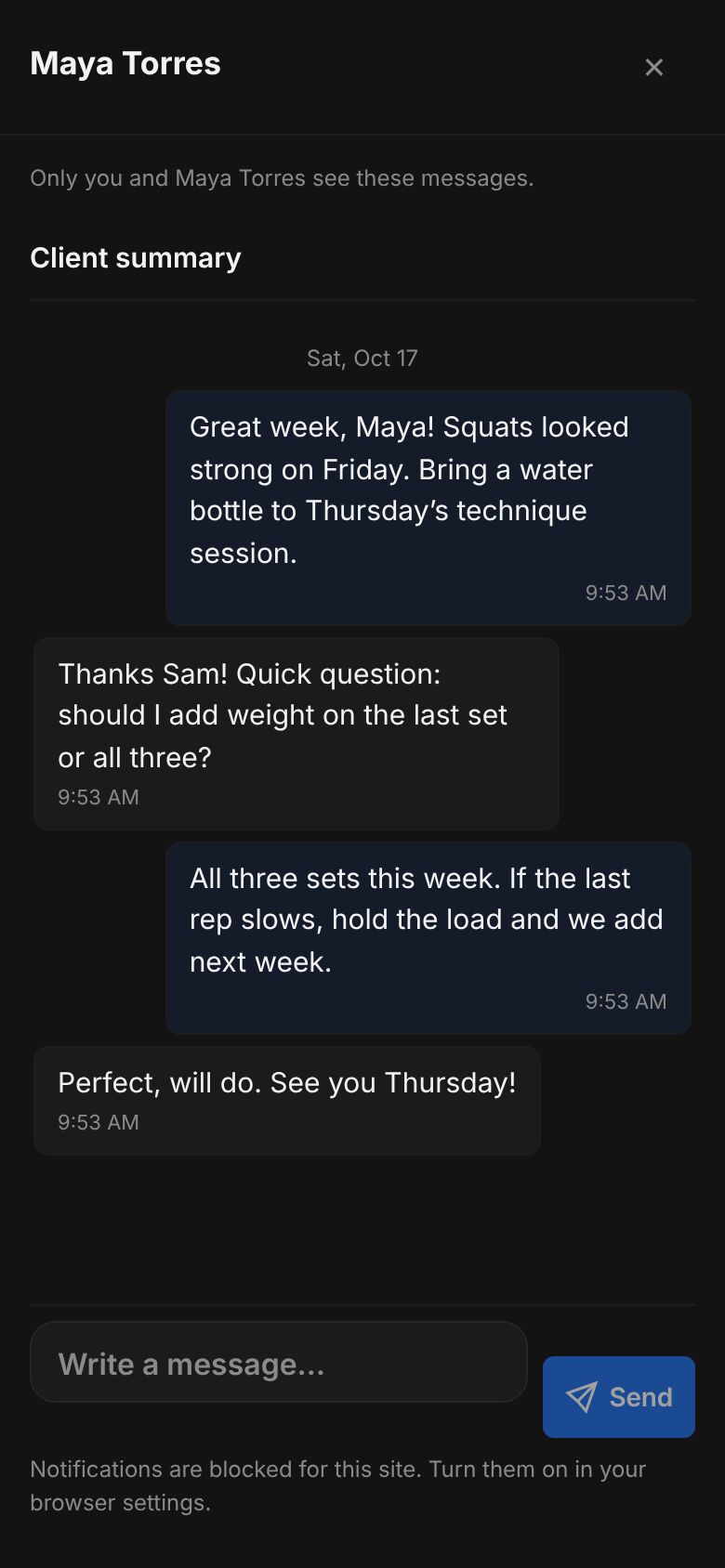 A message thread with Maya Torres: the coach and client taking turns about adding weight, a message box and a Send button.