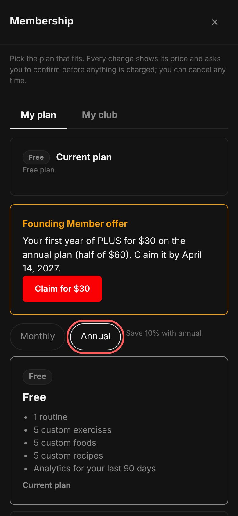 The Membership page on its My plan tab: Maya Torres on the Free plan, her Founding Member offer, and the plans with monthly and annual prices.