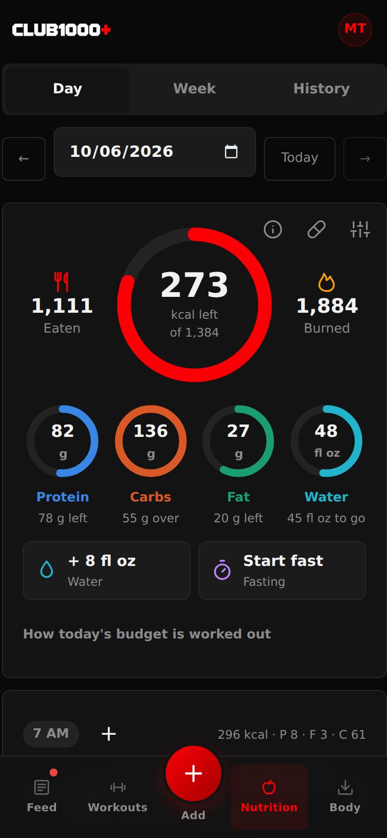 The Nutrition Day summary: 273 kcal left of 1,384, eaten and burned, and the macro and water rings.