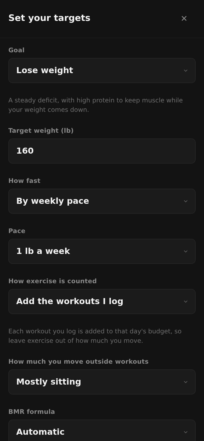 The Set your targets sheet: goal, target weight, how fast, pace, how exercise is counted and the BMR formula.