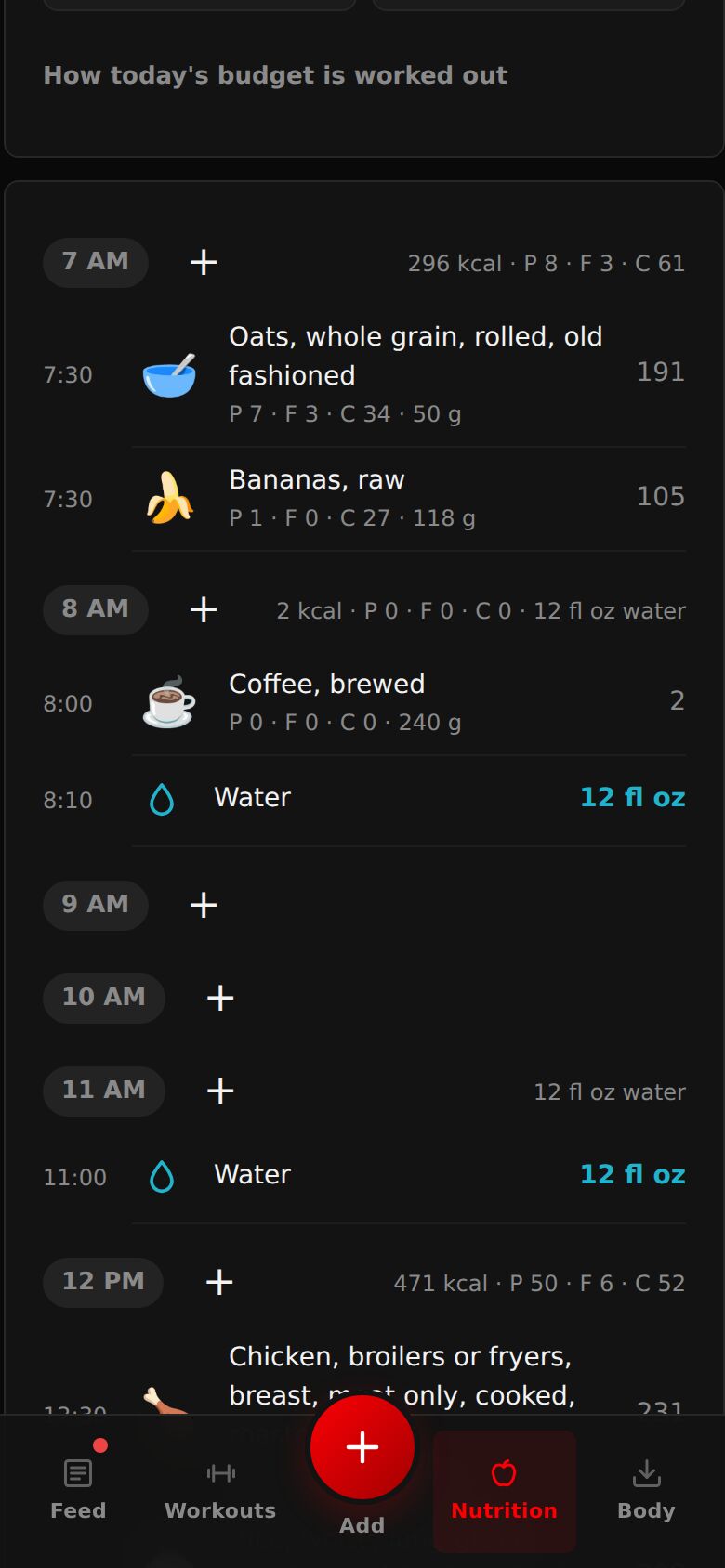 The Nutrition timeline: hours with the foods and drinks logged in each, their calories and macros, and a + beside each hour.