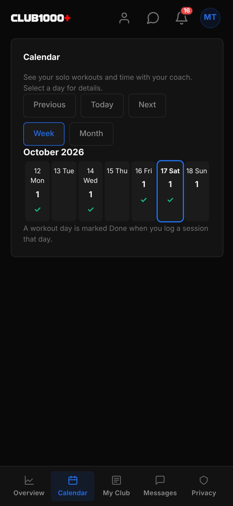 My Program Calendar in week view for October 2026, with Previous, Today, Next, Week and Month buttons and each day showing its workouts marked done or missed.
