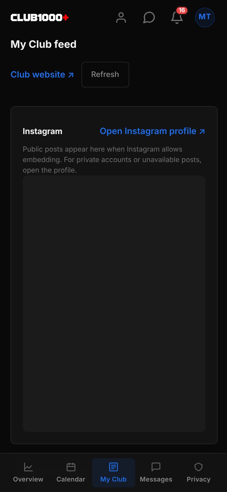 The My Club page: the club website link, a Refresh button and an Instagram profile card with an Open Instagram profile link.