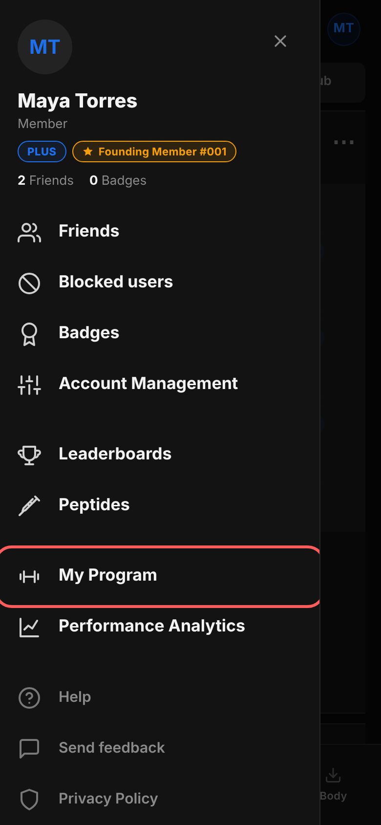 The account menu on a phone with My Program ringed in the group below the line that holds the lenses.