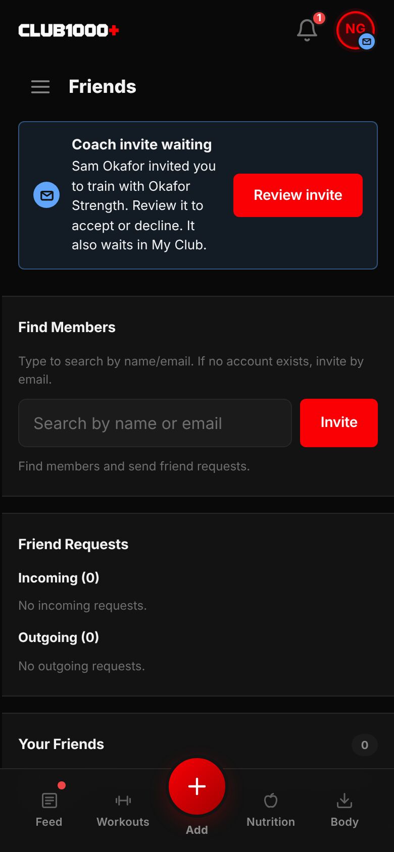 My Profile with a Coach invite waiting note in blue at the top: Sam Okafor invited you to train with Okafor Strength, and a Review invite button.
