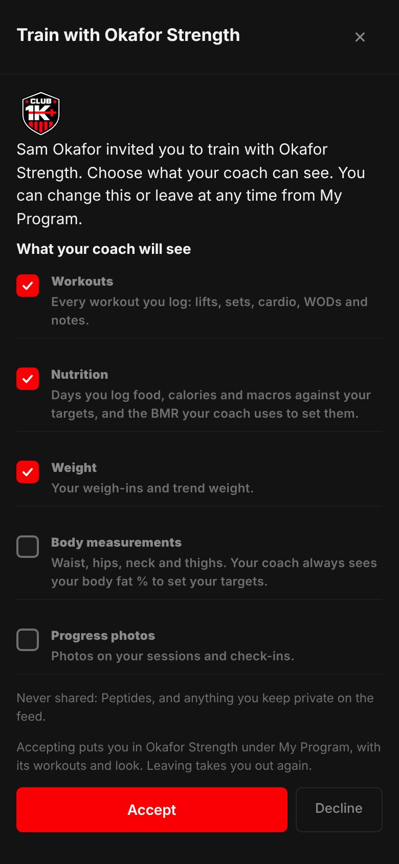 The invitation sheet from Sam Okafor at Okafor Strength listing what the coach can see, with Workouts, Nutrition and Weight ticked and Body measurements and Progress photos not, and Accept and Decline buttons.