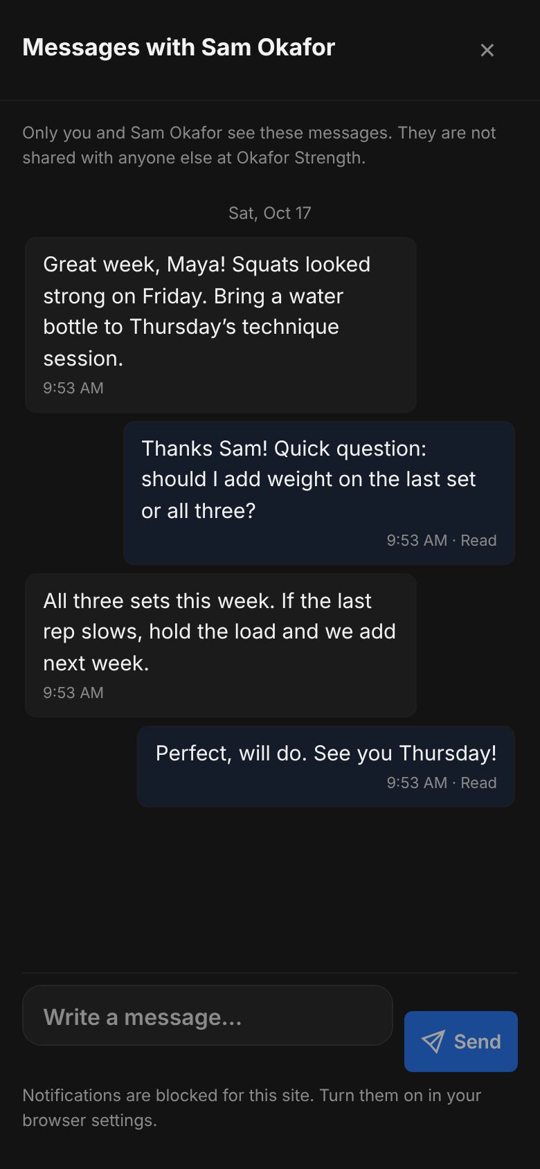The Message coach sheet sliding over My Program Overview, with the conversation and a message box.