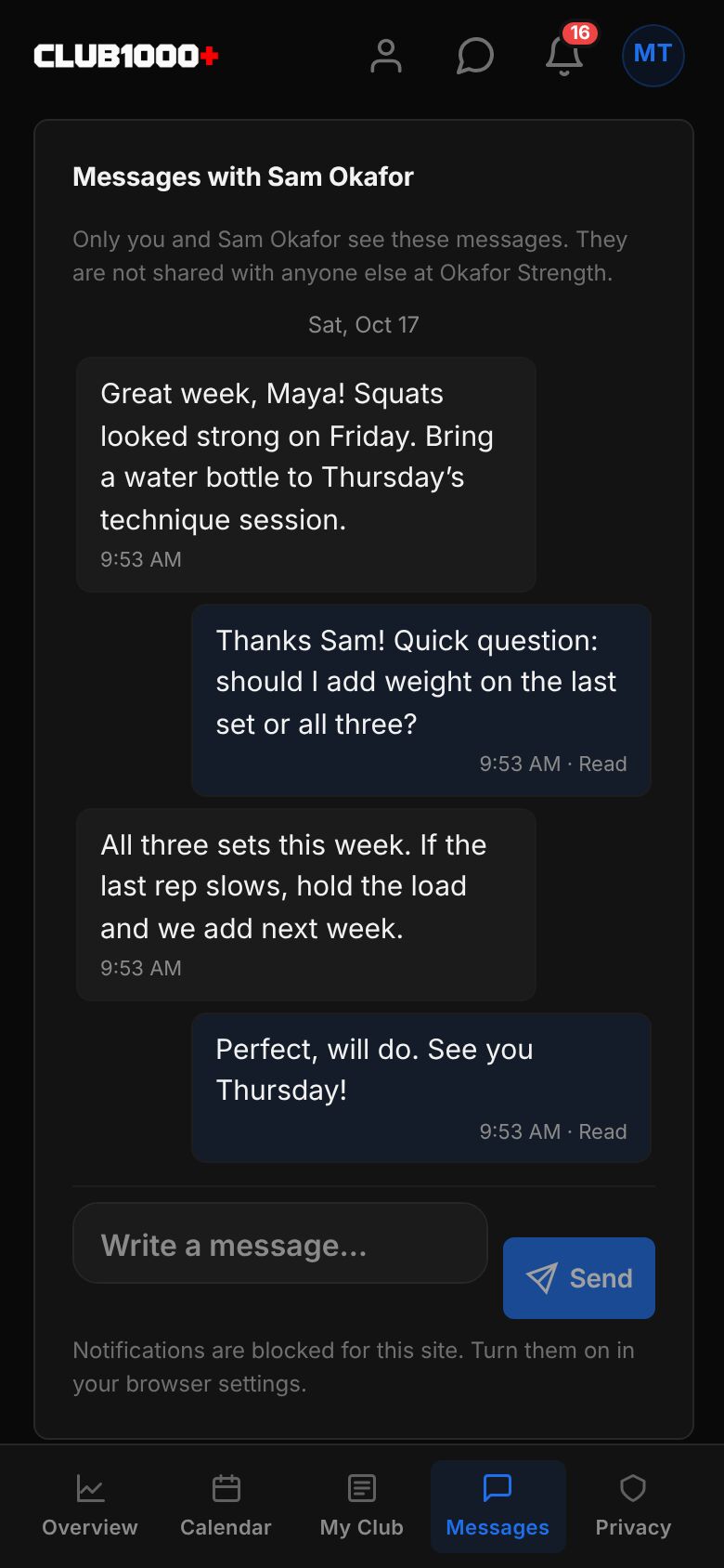 The Messages area: a private conversation with Sam Okafor, with a message box and a Send button, and a line saying only you and your coach see these messages.
