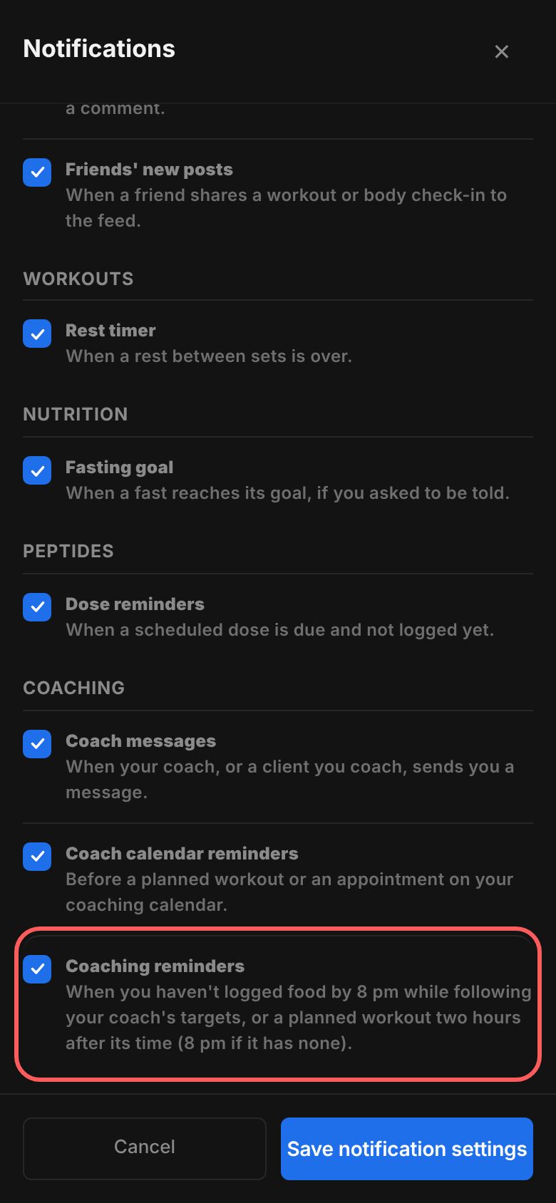 The Notifications editor in Account Management, scrolled to the Coaching group of push switches with the Coaching reminders switch ringed.