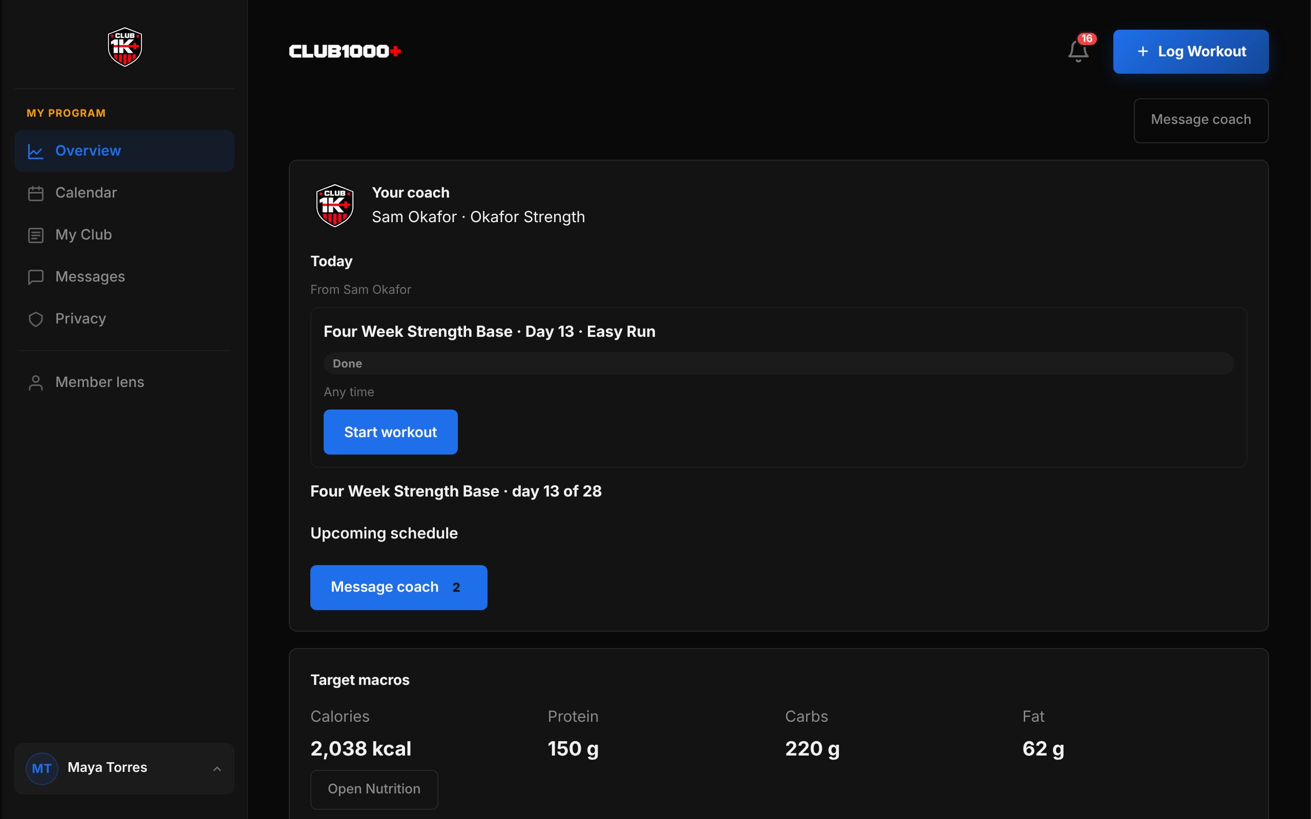 My Program Overview on a computer: the sidebar with My Program areas Overview, Calendar, My Club, Messages and Privacy and Member lens, and the coach card and Target macros in the page.
