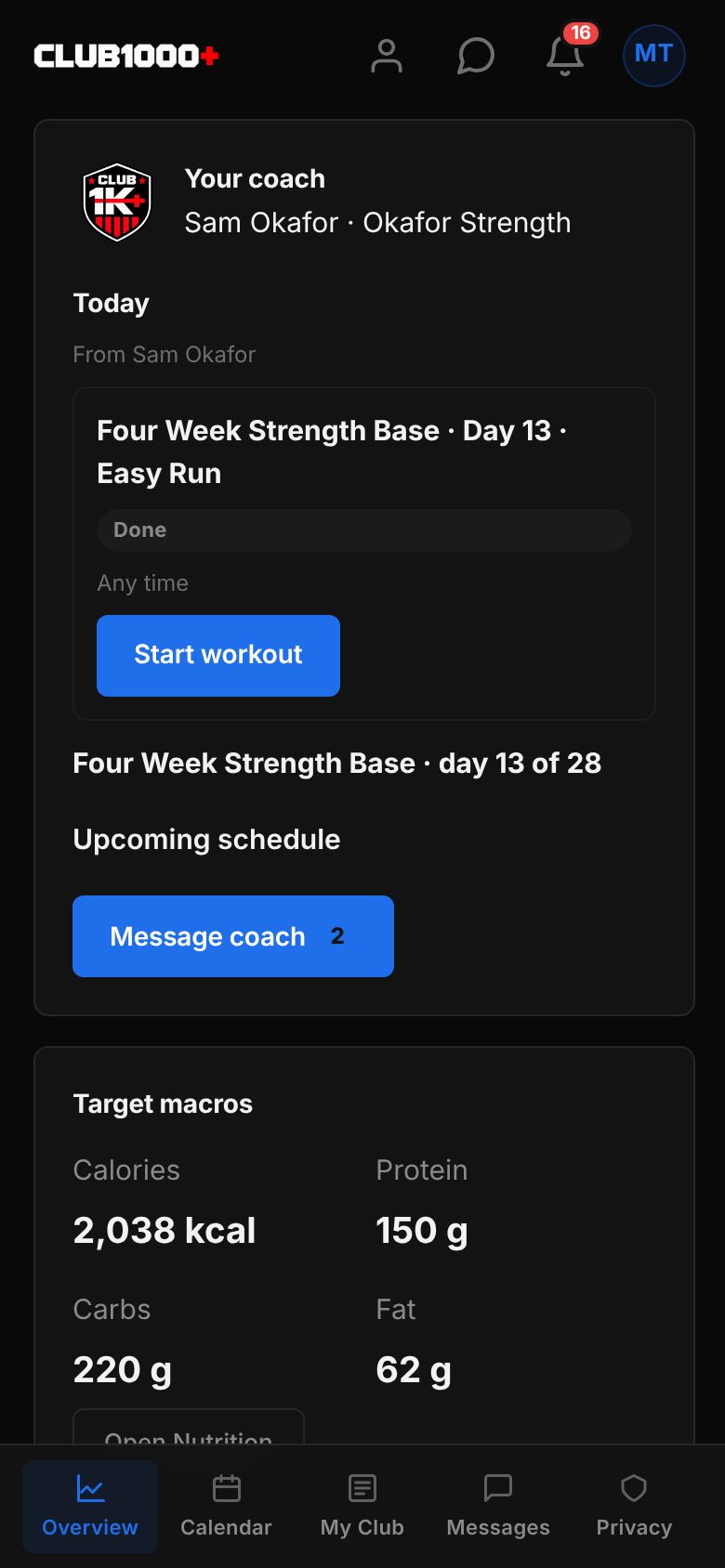My Program Overview: Your coach, Sam Okafor at Okafor Strength, Today with Four Week Strength Base Day 13 Easy Run marked Done and a Start workout button, program position, and a Message coach button.