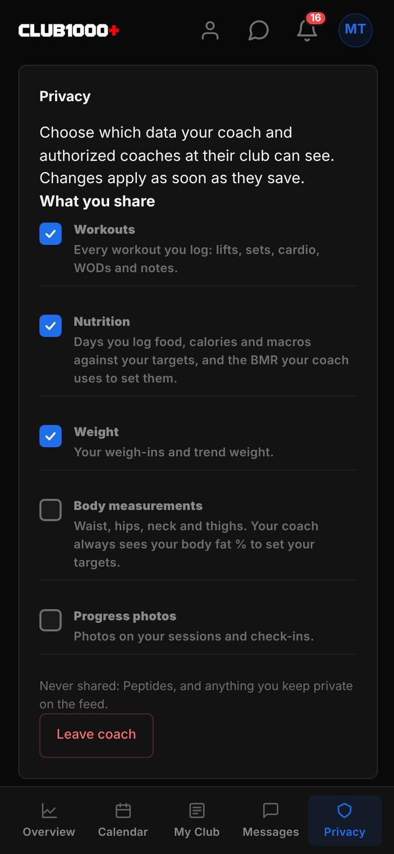 The Privacy area: Choose which data your coach and authorized coaches at their club can see, with Workouts, Nutrition and Weight ticked and Body measurements and Progress photos unticked, and a Leave coach button.