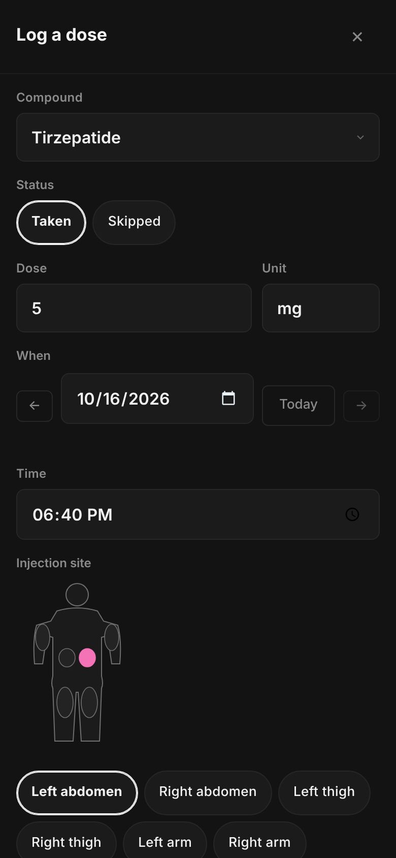 The Log a dose sheet: the compound, Taken or Skipped, the dose, the date and time, and the injection site map with Left abdomen picked.