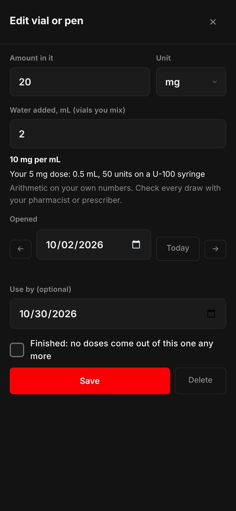 The vial sheet: 20 mg with 2 mL of water added, showing 10 mg per mL and a 5 mg dose as 0.5 mL, 50 units on a U-100 syringe.