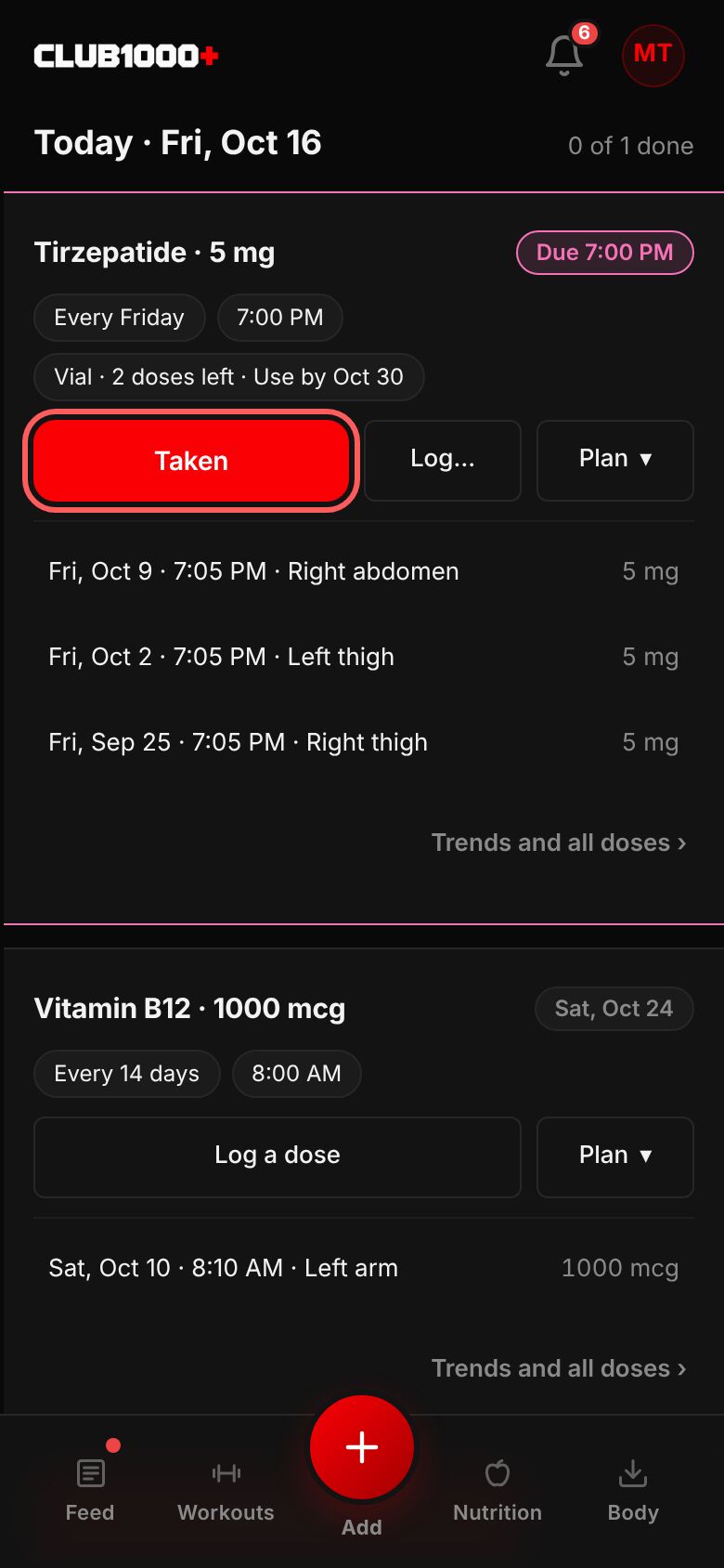 Peptides on Today: a card for Tirzepatide 5 mg, due at 7:00 PM, with its plan, Taken ringed, Log… and Plan, and its last three doses; then a card for Vitamin B12.