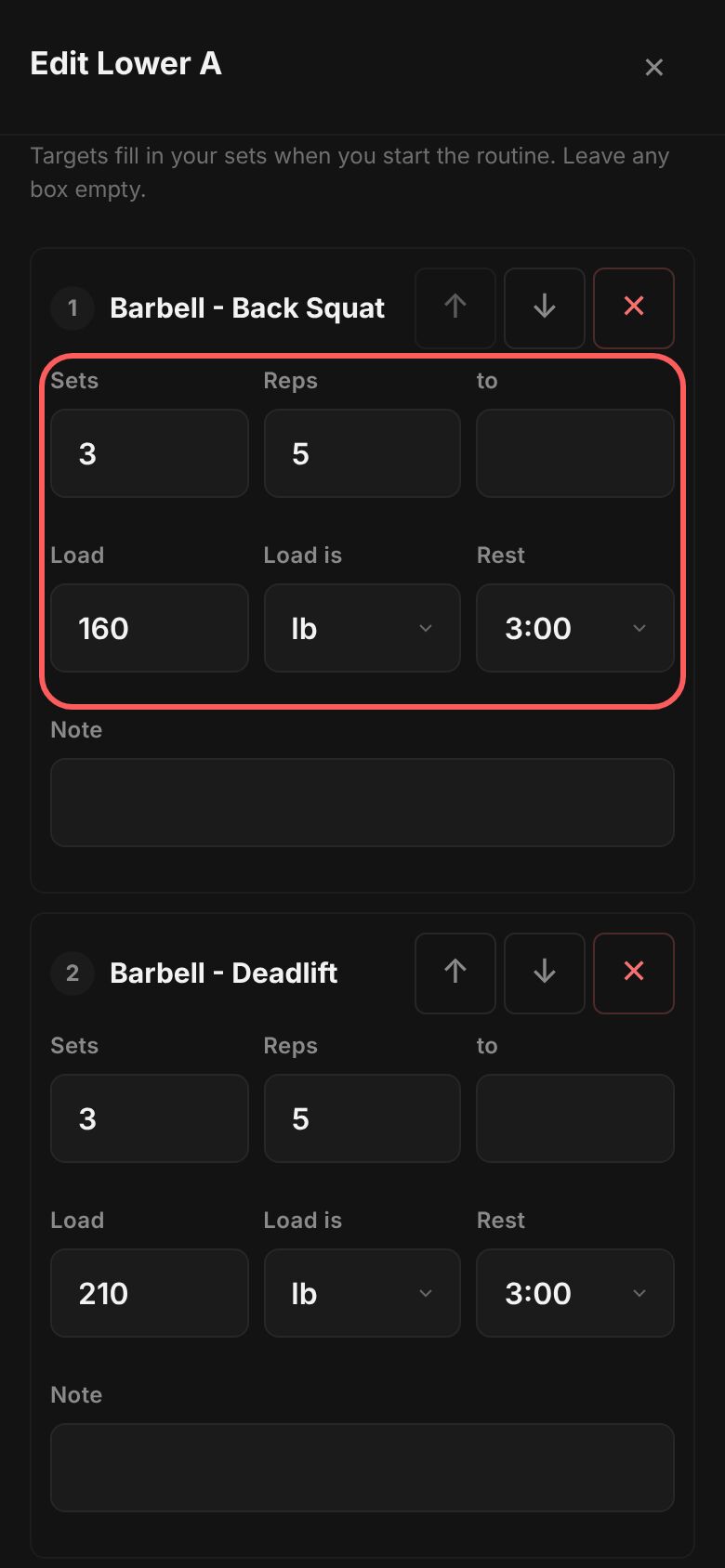 The routine builder: a name, notes, then Barbell - Back Squat with Sets 3, Reps 5, Load 160 lb and Rest 3:00.
