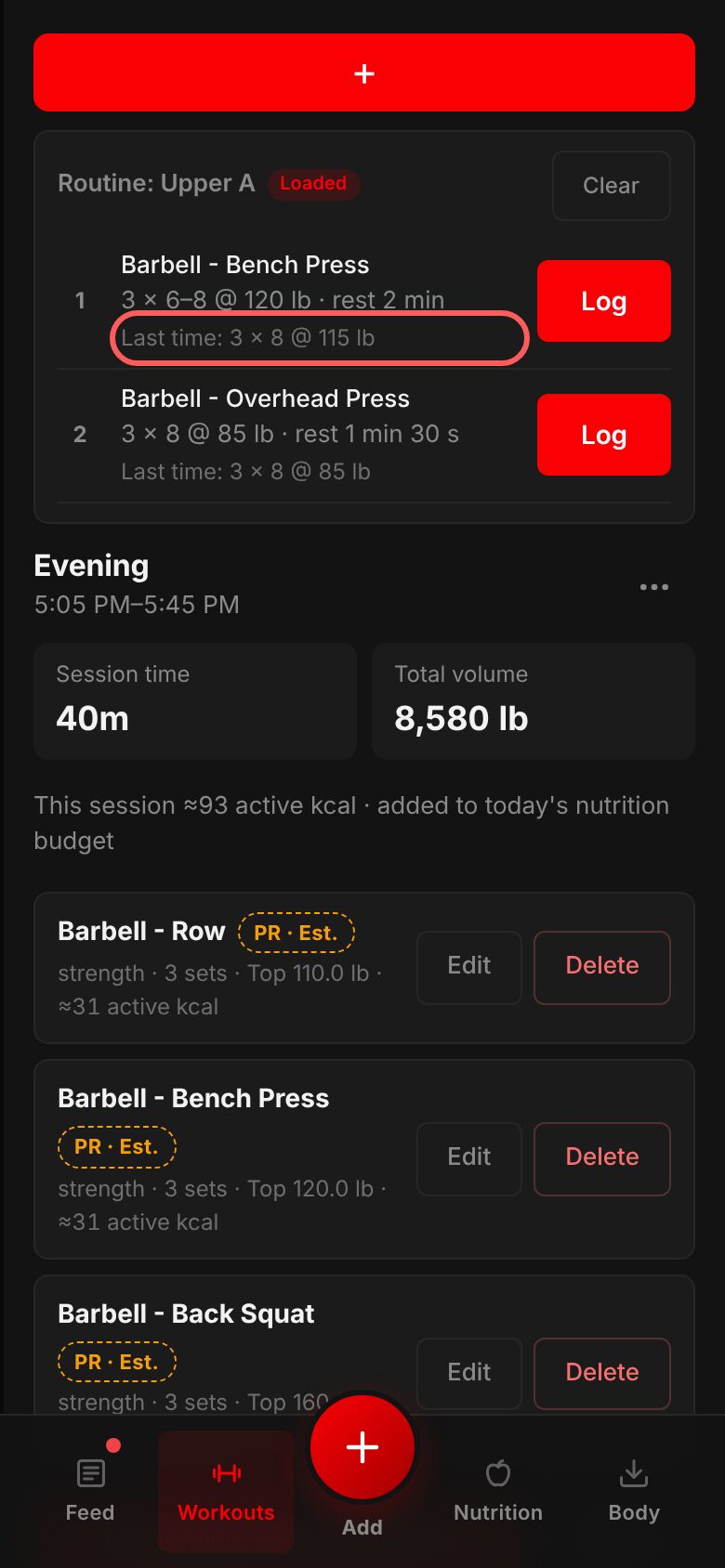 A started routine: each exercise numbered, with its targets, what you did last time and a Log button.
